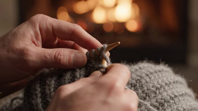 Hands knitting with yarn by fireplace