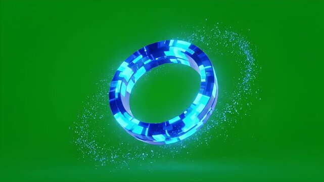 Digital Glowing Ring on Chroma Key Background - A luminous digital ring with a pixelated blue pattern hovers against a vibrant green chroma key background, creating a futuristic and abstract visual