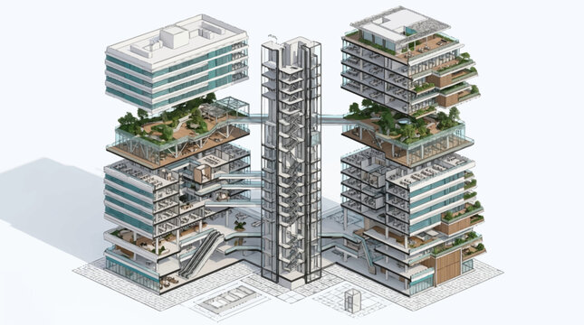 Architectural cross section of modern sustainable building design.