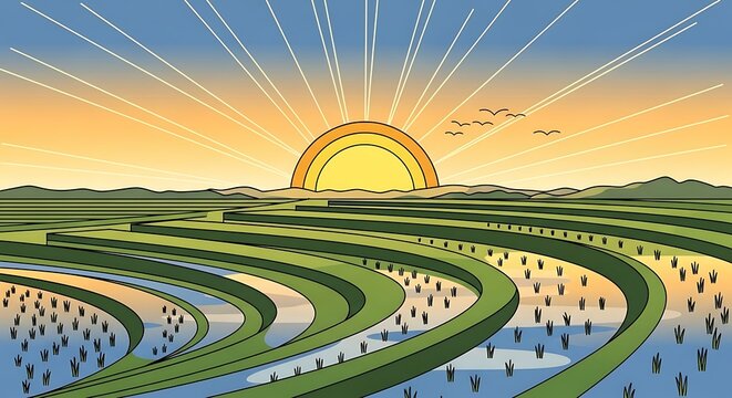 Aerial view of a colorful crop circle at sunset.