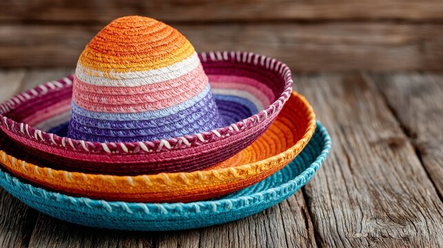 a stack of three vibrant, woven-style hats, featuring bright gradients of orange, purple, and teal, resting on a rustic wooden surface.