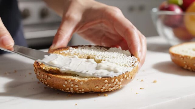 Person spreading cream on a bagel