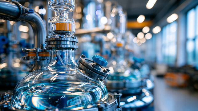 Large industrial laboratory with glass reactors, stainless pipes, and distillation equipment used for controlled chemical production, clean technical environment, chemical engineering,