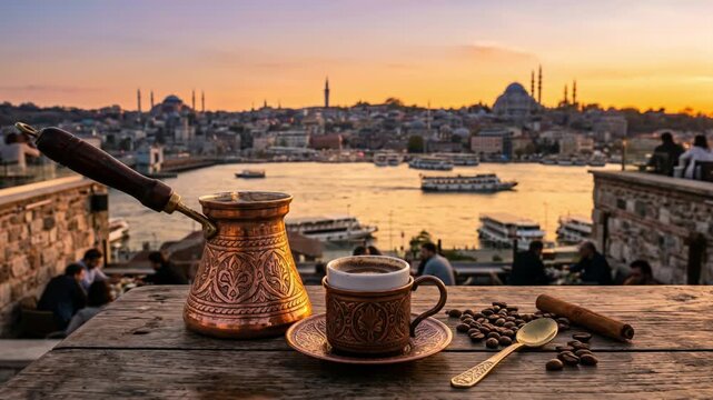 Turkish coffee in copper pot on wooden table overlooking Istanbul at sunset. Traditional coffee cup and cezve on terrace. Rooftop view of mosques and Golden Horn