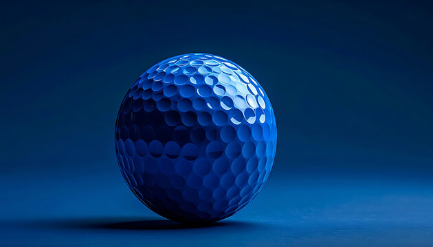 Single blue golf ball with dimpled texture on dark blue background, studio lighting, sport equipment