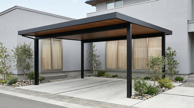 Modern Flat Roof Carport with Wood Ceiling in Front of a Minimalist House