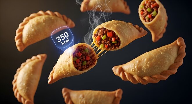Delicious savory empanadas with a calorie count displayed in the air