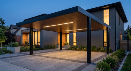 Fototapeta premium Luxury Modern Carport with Integrated LED Lighting at Night