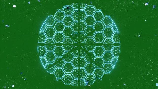 Digital Shield Shattering Animation on Green Screen - A captivating visual of a digital shield with a hexagonal pattern disintegrating into fragments, set against a vibrant chroma key green