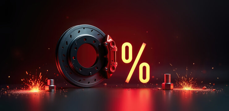 Industrial steel brake disc with red caliper and glowing zero percent symbol. Car service financing and repair discount concept. Automotive maintenance offer with fiery sparks