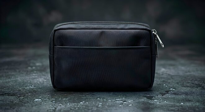 Minimalist black cosmetic pouch eye level view on textured dark background - Travel organizer mockup - Matte waterproof toiletry bag