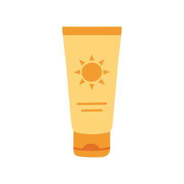 Flat sunscreen bottle illustration. Sun protection cosmetic isolated. Minimal modern summer picnic element.