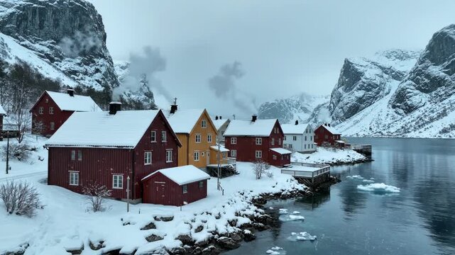 Snow-covered coastal village with red and yellow wooden houses along a rocky fjord shoreline, ice floes on calm water, and steep snow-capped mountains under an overcast winter sky