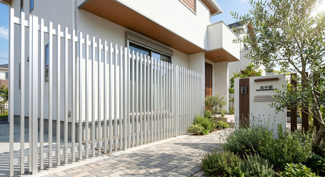 Elegant White Vertical Slat Fence at the Entrance of a Modern Residence