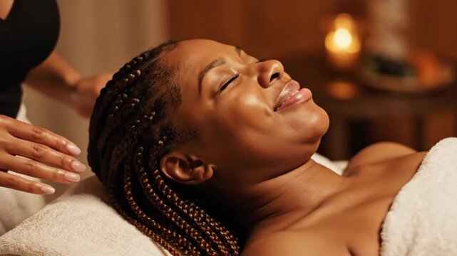 A woman rests during a spa treatment, getting her scalp massaged. She closes her eyes and is covered with a white towel