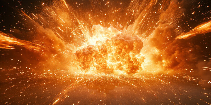 Ultra realistic cinematic explosion burst in deep space, massive fiery blast with glowing orange and yellow flames, dense smoke clouds, flying sparks and debris trails, dynamic shockwave energy