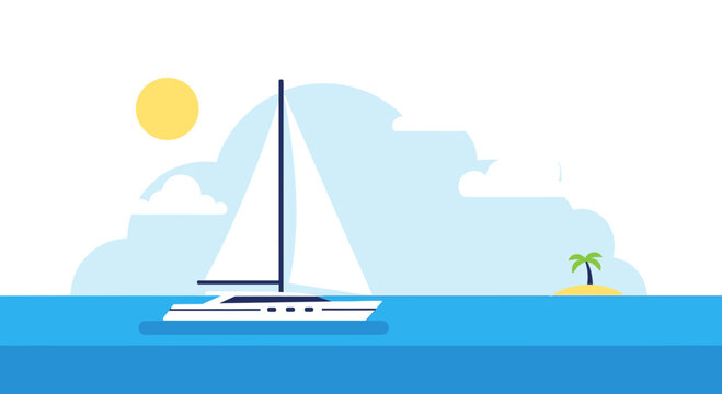 Modern Catamaran Yacht Sailing on Blue Ocean Under Sunny Sky with Tropical Island