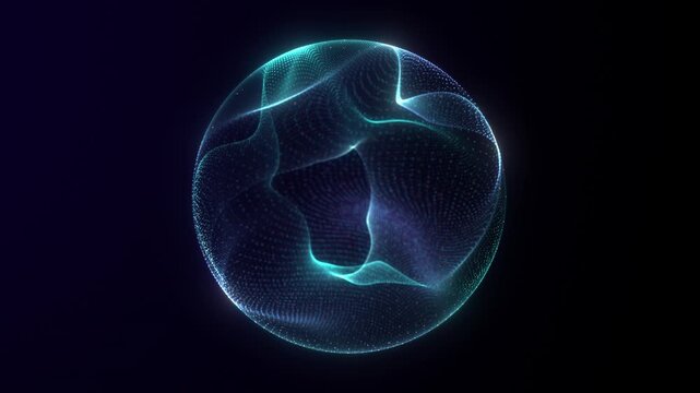 Blue glowing particle sphere. Abstract digital orb made from luminous dots and flowing plasma waves. Futuristic holographic core rotation. 3D seamless 4K loop.