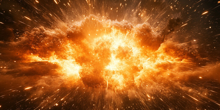 Ultra realistic cinematic explosion burst in deep space, massive fiery blast with glowing orange and yellow flames, dense smoke clouds, flying sparks and debris trails, dynamic shockwave energy