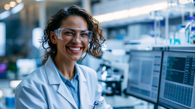 Smiling scientist in safety goggles standing beside a computer in a modern laboratory, clean instruments and data screens behind, professional research portrait, medical scientist,