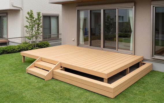 Spacious Wooden Deck Terrace Installed at a Modern Residential House
