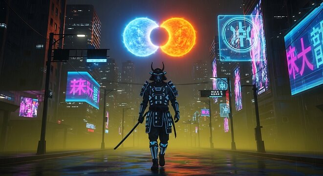 Neon Cityscape with Futuristic Samurai.