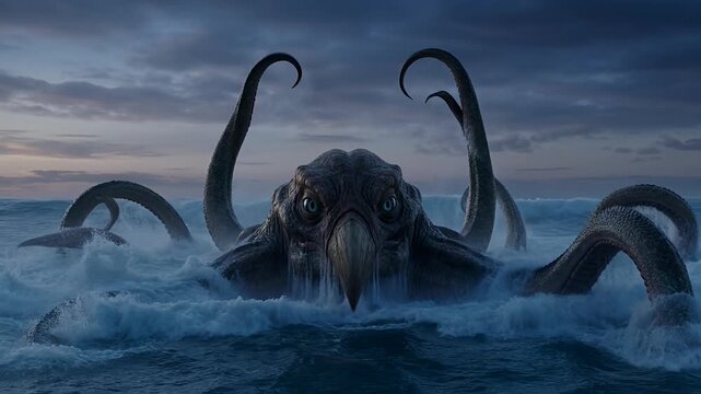 Terrifying Kraken Monster Emerging From Deep Ocean Waves, Mythological Sea Creature