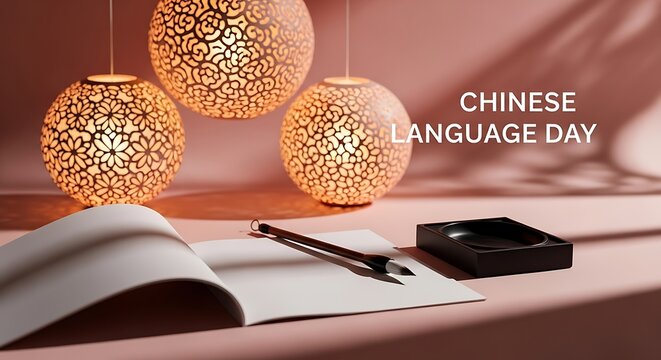 Chinese language day still life with lanterns and calligraphy tools