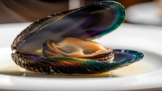 Closeup of a single cooked mussel on a white plate.