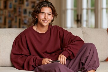 Fototapeta premium Young person smiling while sitting on living room couch indoors
