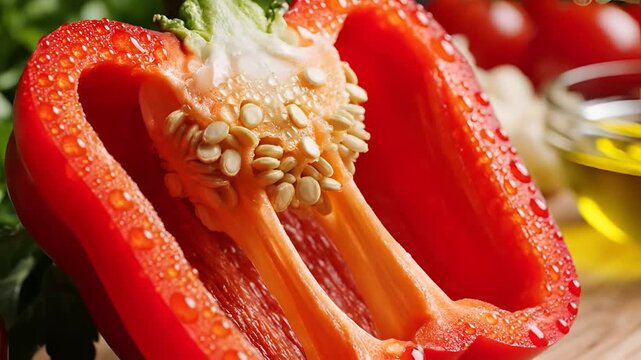 Closeup of a vibrant red bell pepper cut in half revealing its seeds and inner structure.