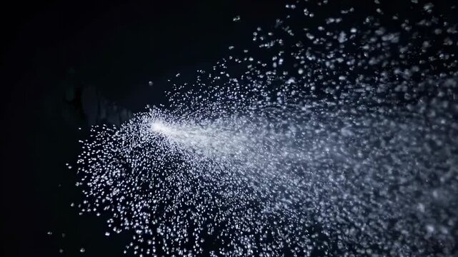 Bright beam of light disperses particles in a continuous flow, creating a dynamic visual effect against a dark background in a series of three connected frames