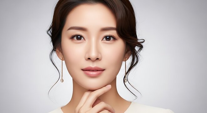 Elegant asian woman portrait with dangle earrings and soft lighting