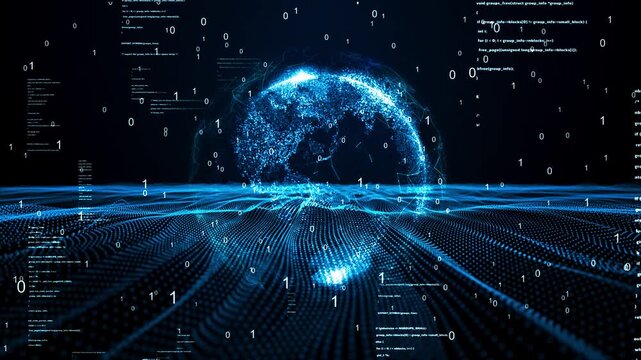 Digital particle wave and Global network concept. Dot, number and text on blue background. Animation 4k. 3D rendering.