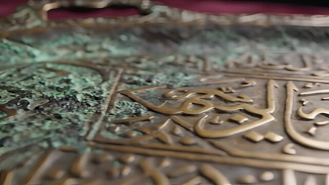 Closeup of ancient Arabic calligraphy on a weathered metal surface.