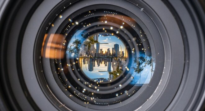 Camera lens cityscape reflection