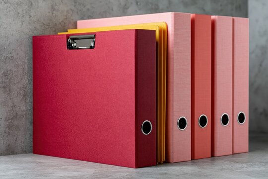 Red binder with yellow folders beside pink binders on concrete