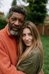 Fototapeta premium Older man embracing woman in residential backyard setting