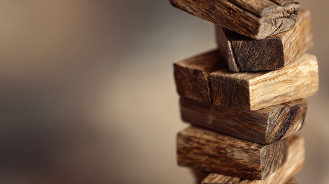 precarious. A precarious tower of wooden blocks stacked at unstable angles. lifestyle magazines, social media look books, designed for lifestyle magazines and social media content.