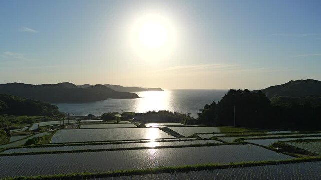 太陽が海と棚田に映り込む時間帯の風景（佐賀県　駄竹の棚田）