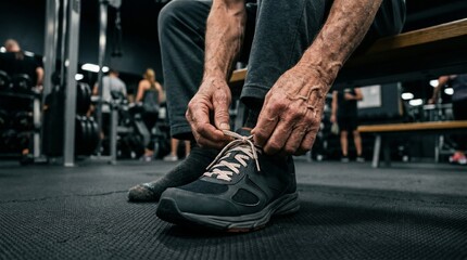 Fototapeta premium Close up of a senior athlete tying running shoe laces before a workout in a modern gym. Concept active aging, fitness, health, motivation, longevity and healthy lifestyle. Generative AI.
