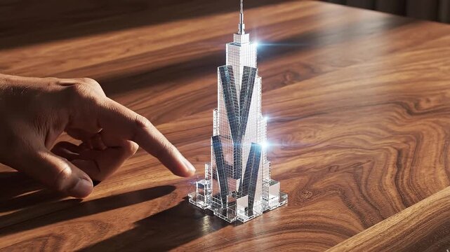Businessman Finger Touching Holographic 3D Skyscraper Model on Wooden Desk