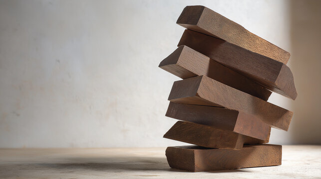 precarious. A precarious tower of wooden blocks stacked at unstable angles. lifestyle magazines, social media look books, designed for lifestyle magazines and social media content.