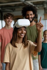 Obraz premium Teen girl interacting with virtual interface in workshop