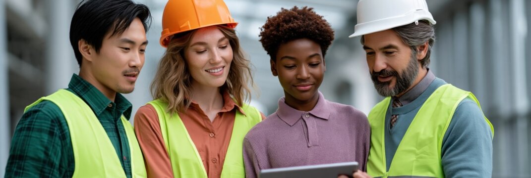 Construction team gathered around tablet in industrial interior