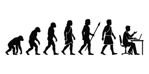 Obraz premium Human Evolution Silhouette Timeline from Ape to Modern Office Worker Vector Illustration