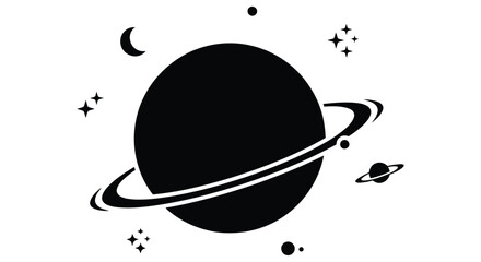 Minimalist black illustration of planets rings a crescent moon and stars © SHYFUL_STUDIO