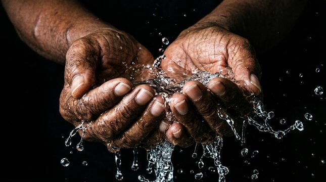 Elderly hands cupping flowing water with splashes frozen in motion against a dark background. Concept hydration, health, sustainability, care, purity, wellness and human resilience. Generative AI.