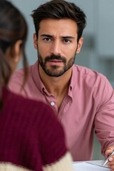 Fototapeta premium Man listening attentively during counseling session indoors