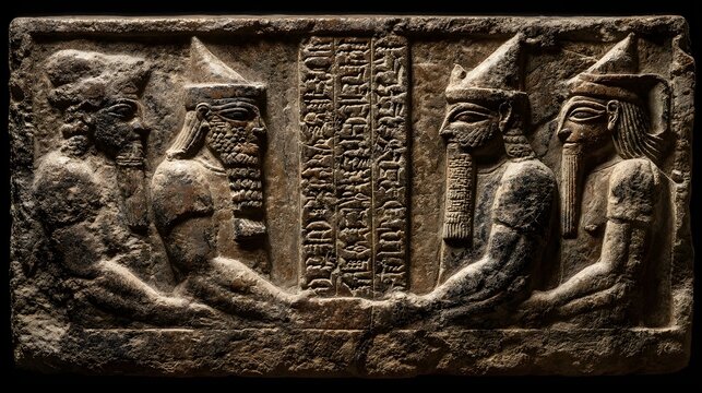 Frontal view of an ancient Mesopotamian stone relief carving featuring detailed figures and cuneiform script.